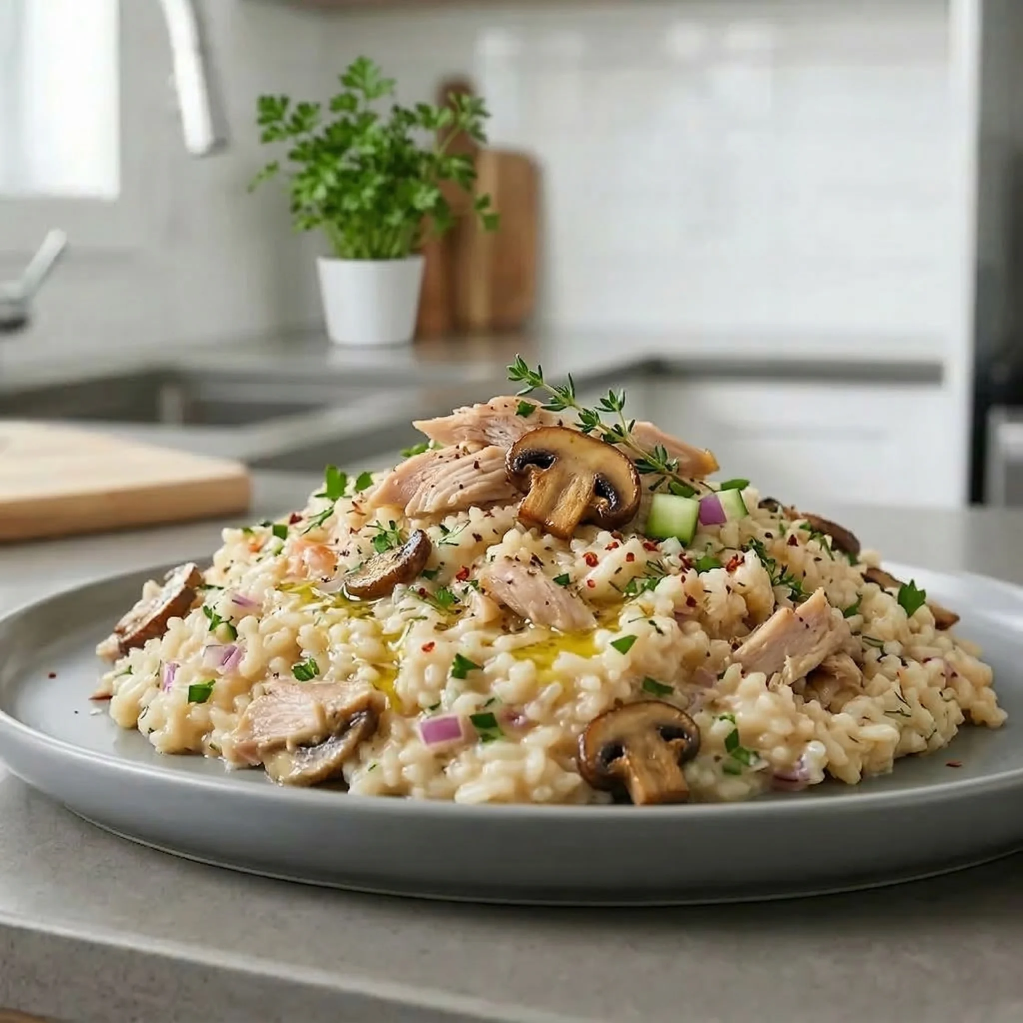 Risotto poulet champignons